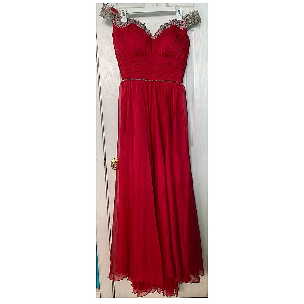 Red And Silver Off The Shoulder Corset Formal Dress